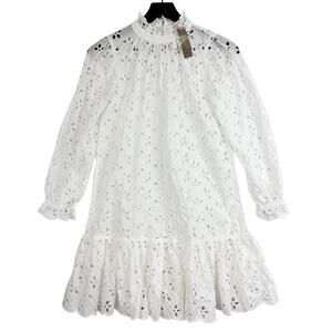 NWT J.Crew Ruffle Neck Embroidered Eyelet Mini Dress A-Line White NO SLIP - 2XS
